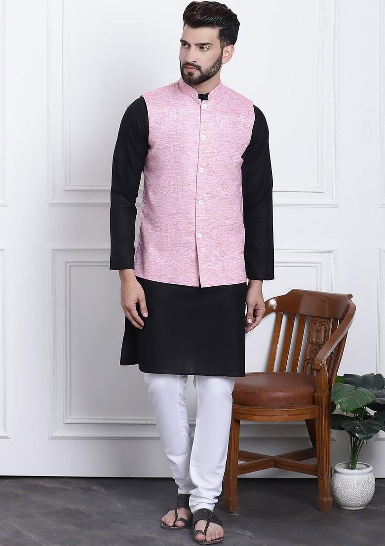 Black Solid Cotton Kurta Set For Men