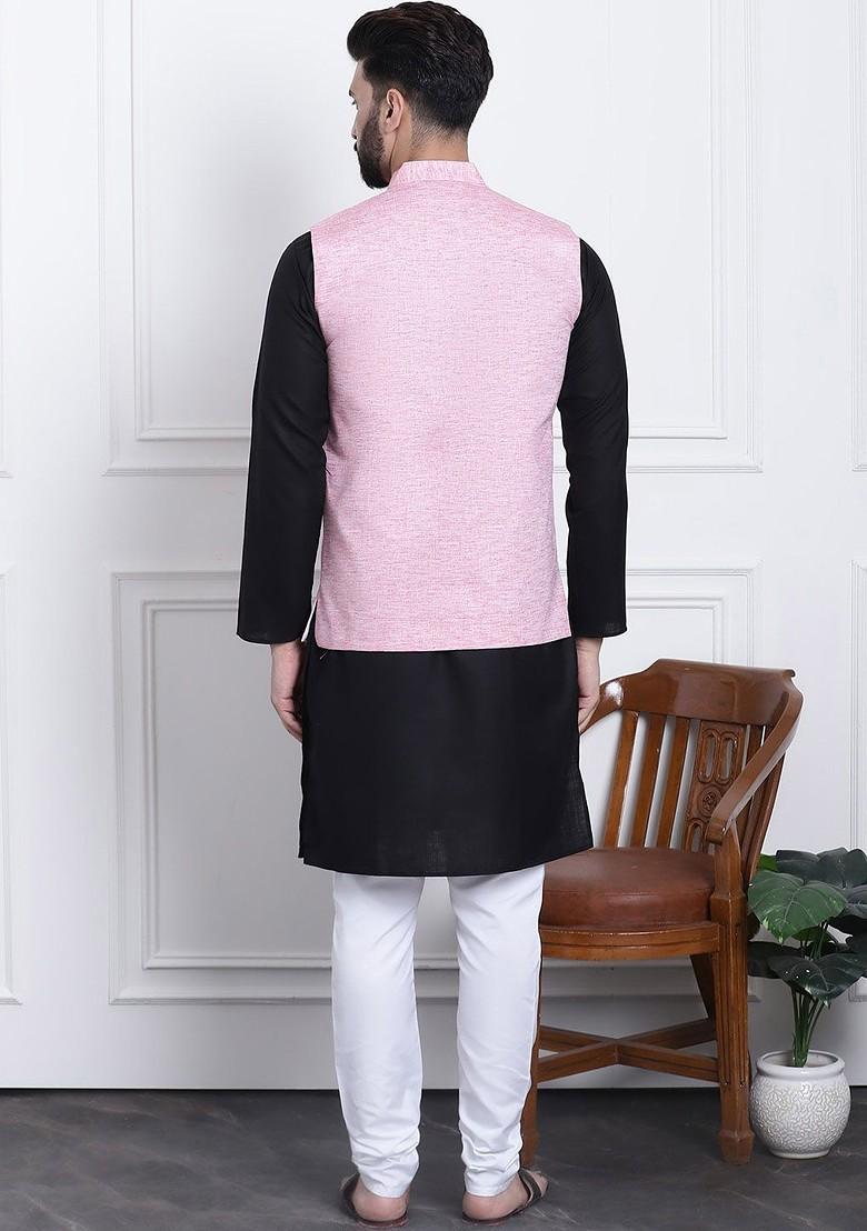 Black Solid Cotton Kurta Set For Men