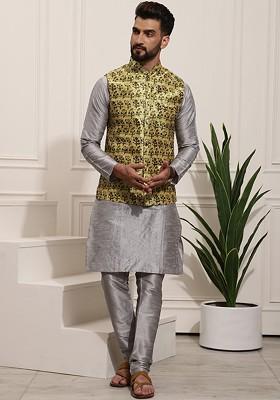 Grey Solid Poly Blend Kurta Set For Men