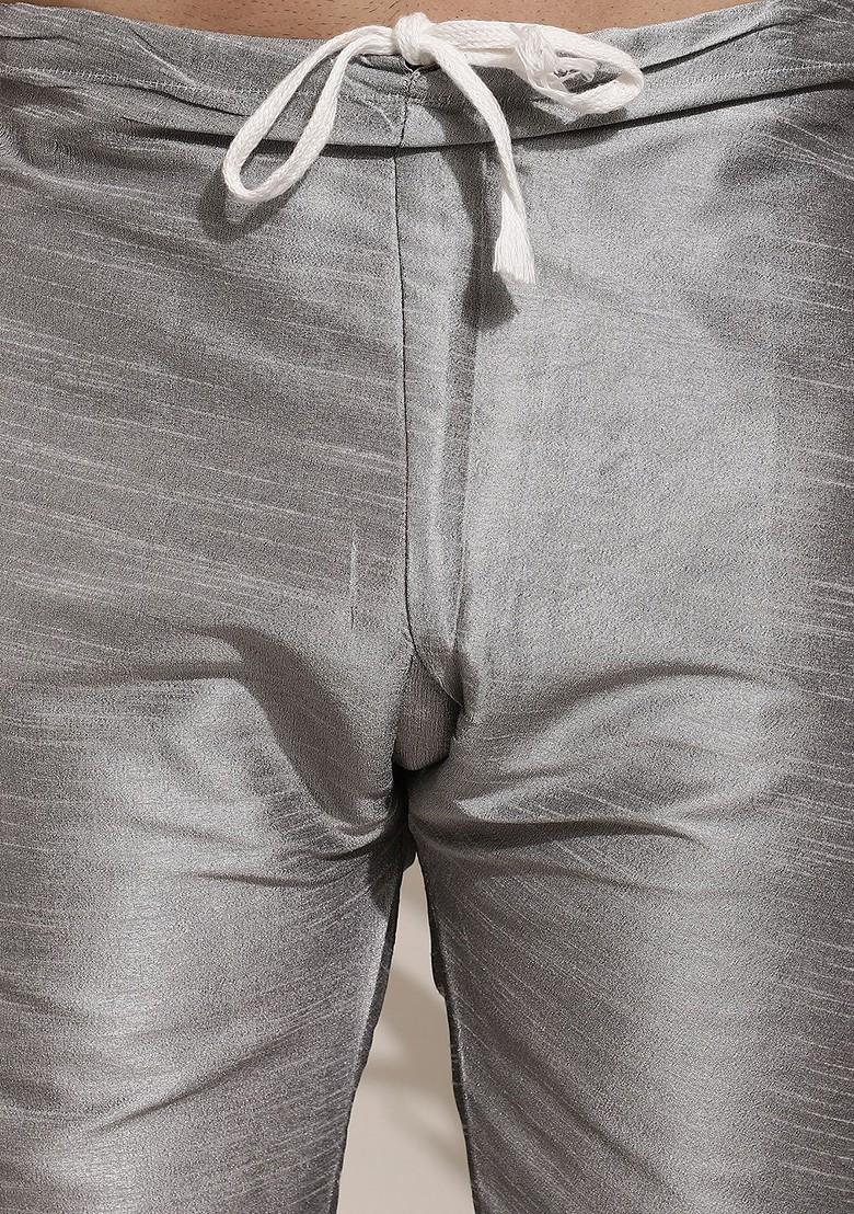 Grey Solid Poly Blend Kurta Set For Men