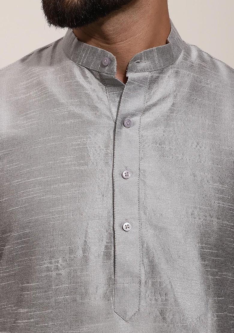 Grey Solid Poly Blend Kurta Set For Men