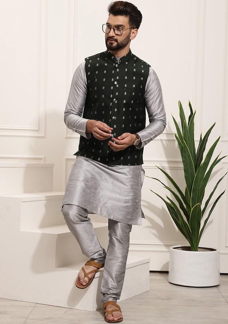 Grey Solid Poly Blend Kurta Set For Men