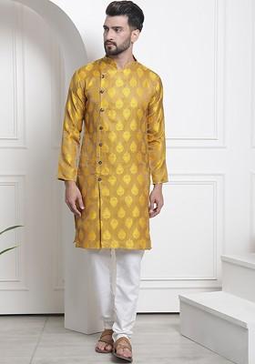 Mustard Ethnic Motifs Poly Blend Kurta Set For Men