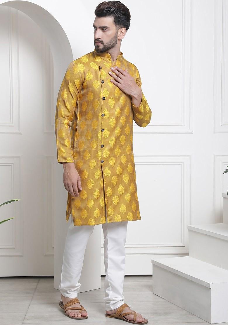 Mustard Ethnic Motifs Poly Blend Kurta Set For Men
