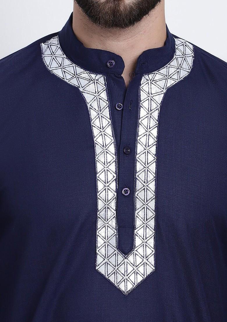 Navy Blue Thread Work Cotton Kurta Set For Men