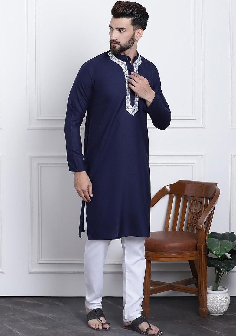 Navy Blue Thread Work Cotton Kurta Set For Men