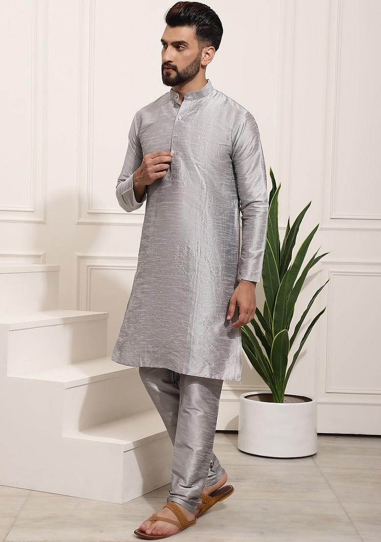 Grey Solid Poly Blend Kurta Set For Men