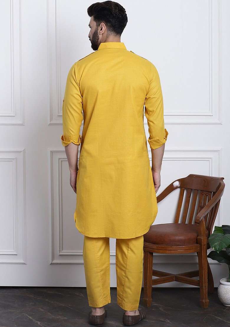 Mustard Solid Cotton Kurta Set For Men - Indya