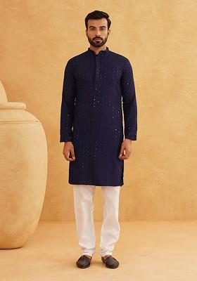 Navy Blue Embroidered Cotton Kurta Set For Men