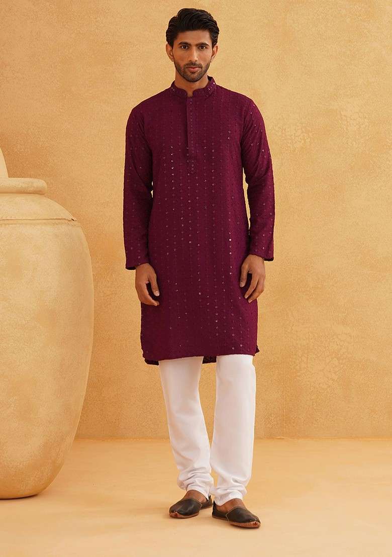 Purple Embroidered Cotton Kurta Set For Men - Indya