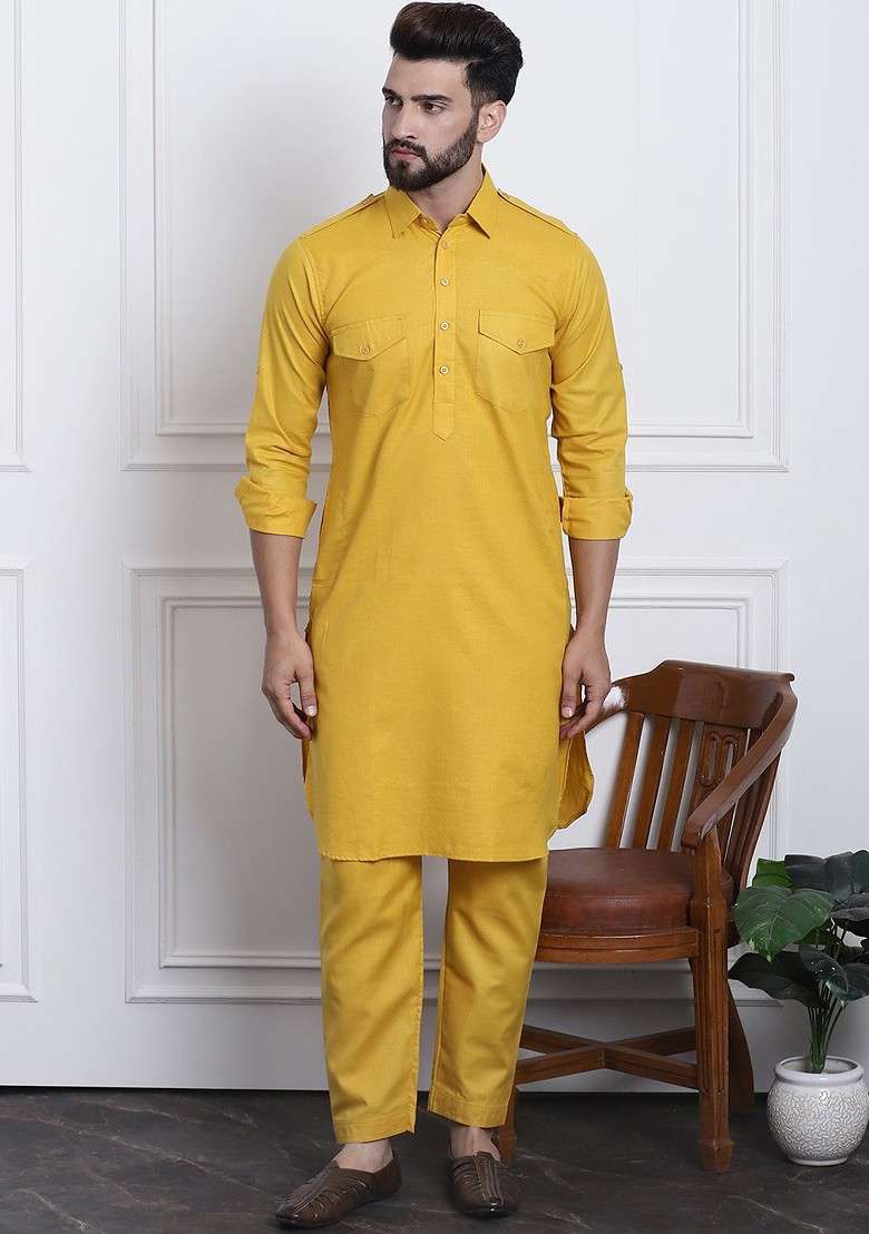 Mustard Solid Cotton Kurta Set For Men - Indya