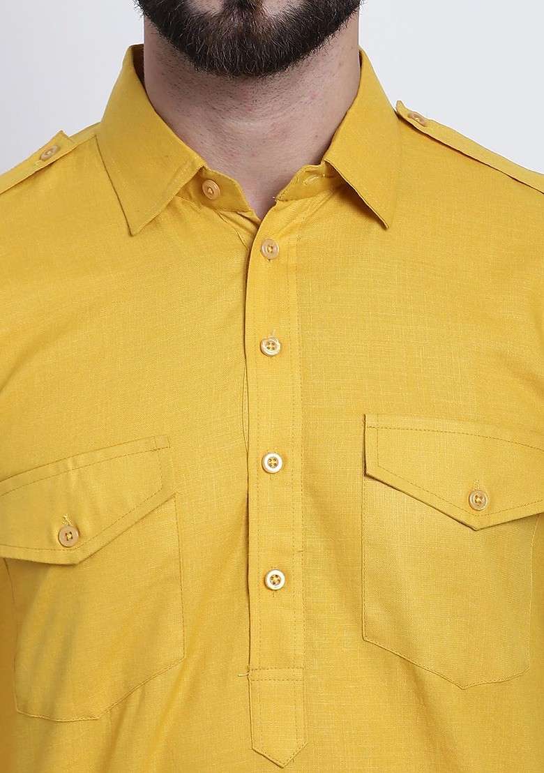 Mustard Solid Cotton Kurta Set For Men - Indya