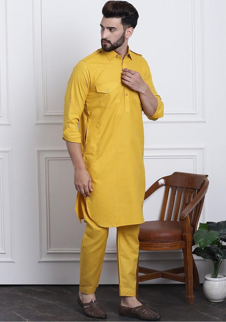 Mustard Solid Cotton Kurta Set For Men