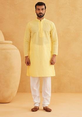 Yellow Embroidered Cotton Kurta Set For Men