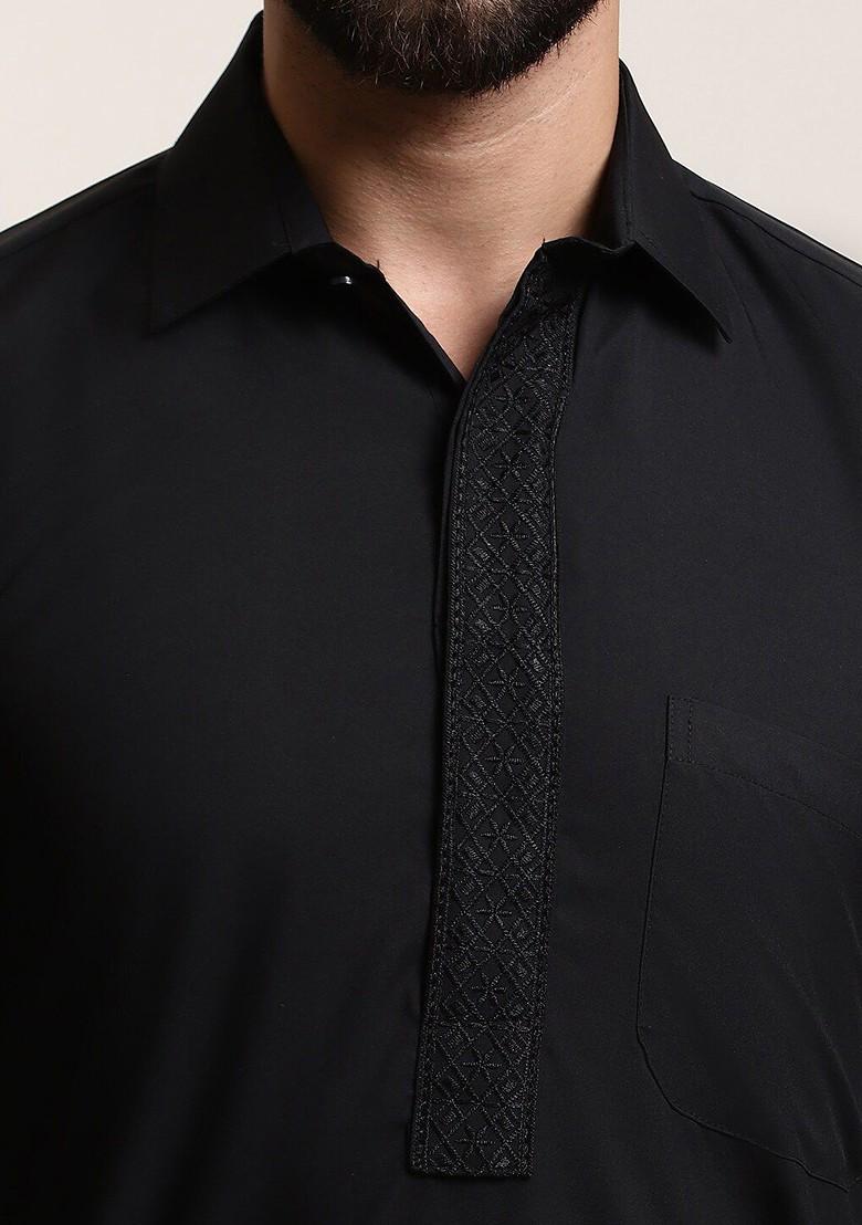 Black Thread Work Cotton Kurta Set For Men