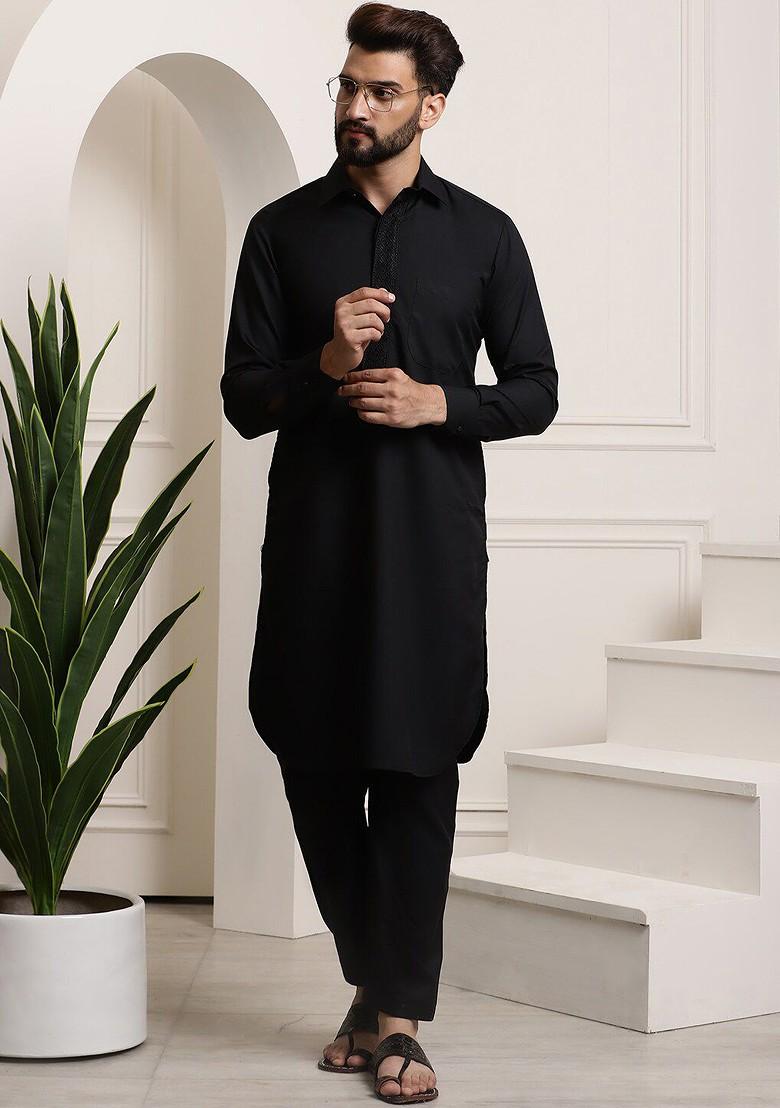Black Thread Work Cotton Kurta Set For Men