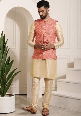 Gold Printed Poly Blend Kurta Set For Men