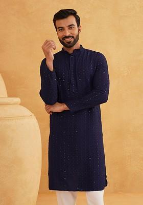 Navy Blue Embroidered Cotton Kurta Set For Men