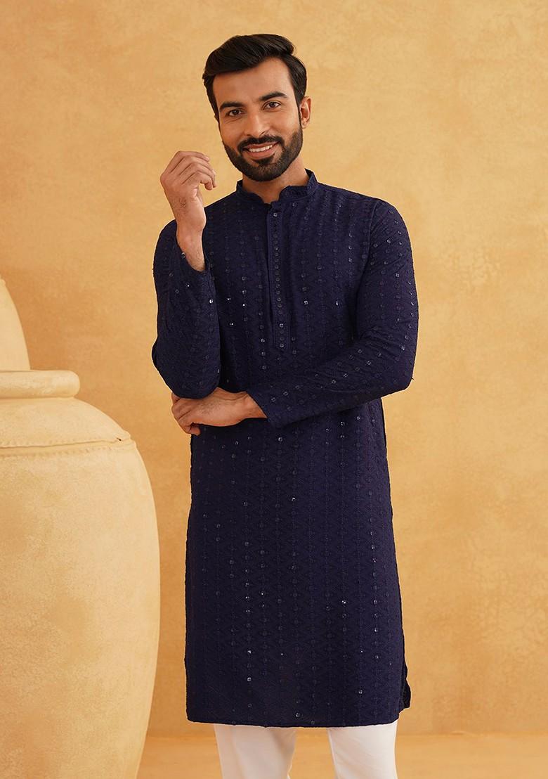 Navy Blue Embroidered Cotton Kurta Set For Men
