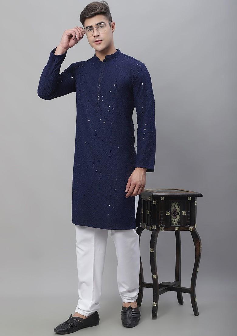 Navy Blue Embroidered Cotton Kurta Set For Men