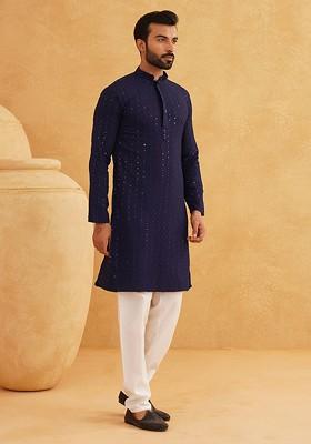Navy Blue Embroidered Cotton Kurta Set For Men