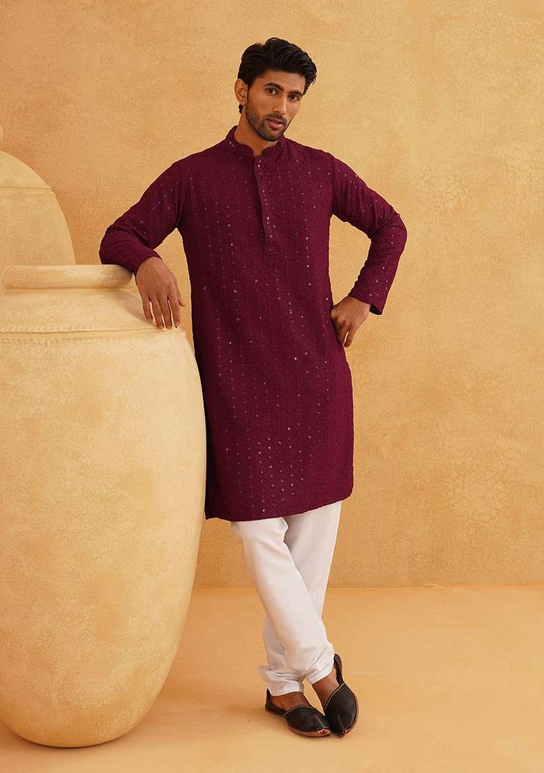 Purple Embroidered Cotton Kurta Set For Men - Indya