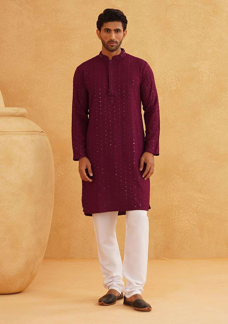 Purple Embroidered Cotton Kurta Set For Men - Indya