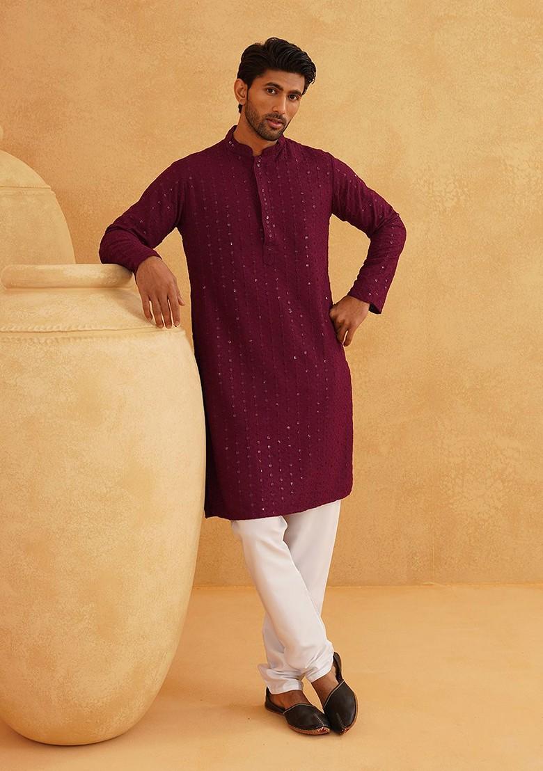 Purple Embroidered Cotton Kurta Set For Men