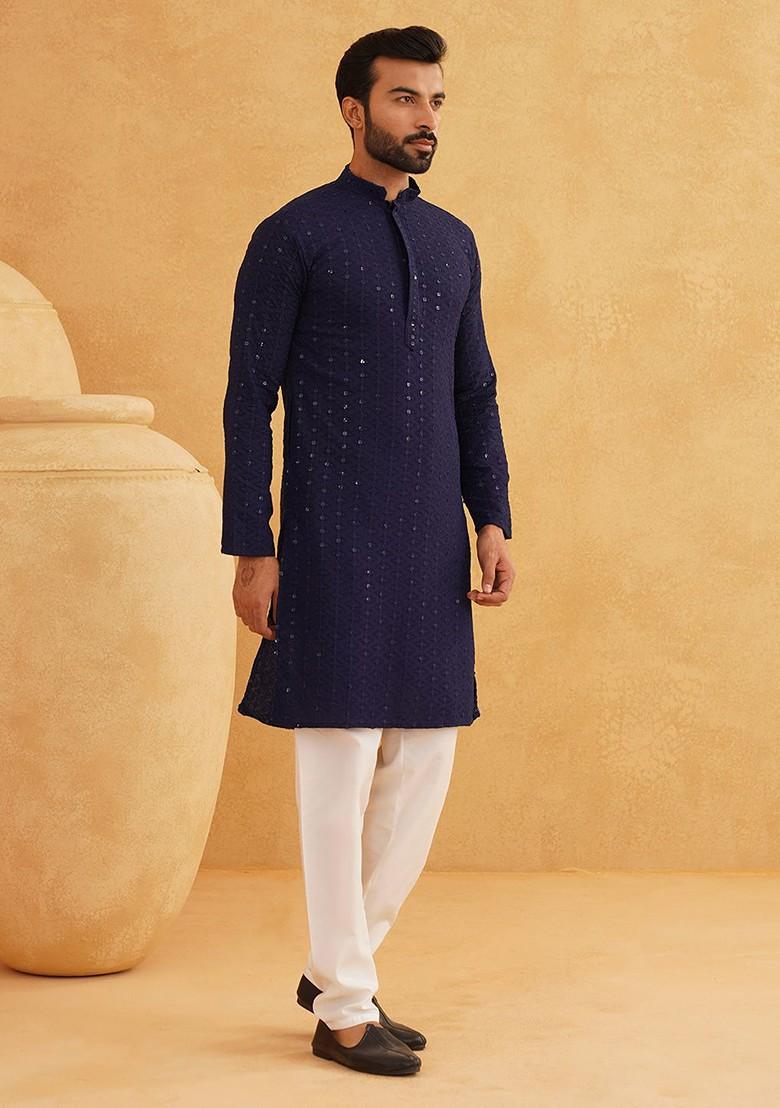 Navy Blue Embroidered Cotton Kurta Set For Men