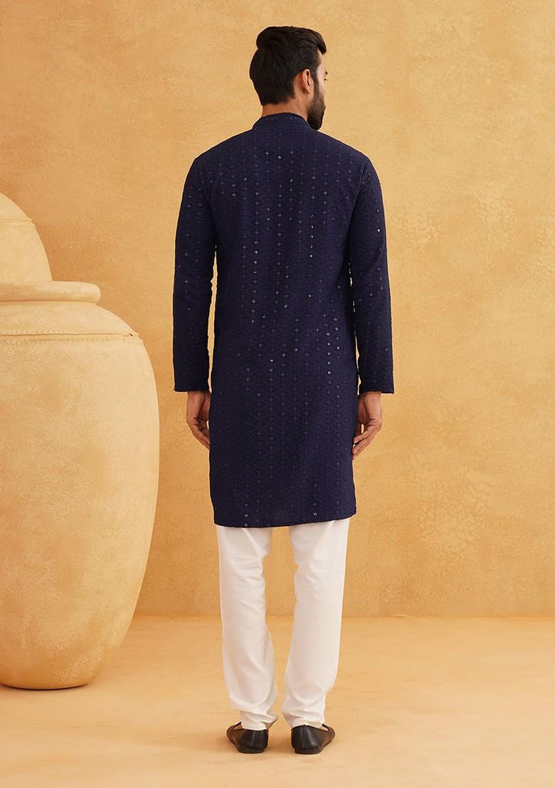 Navy Blue Embroidered Cotton Kurta Set For Men