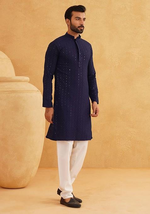 Navy Blue Embroidered Cotton Kurta Set For Men
