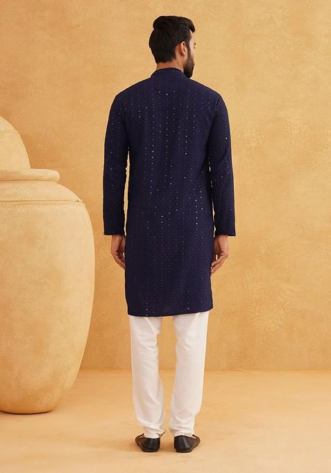 Navy Blue Embroidered Cotton Kurta Set For Men