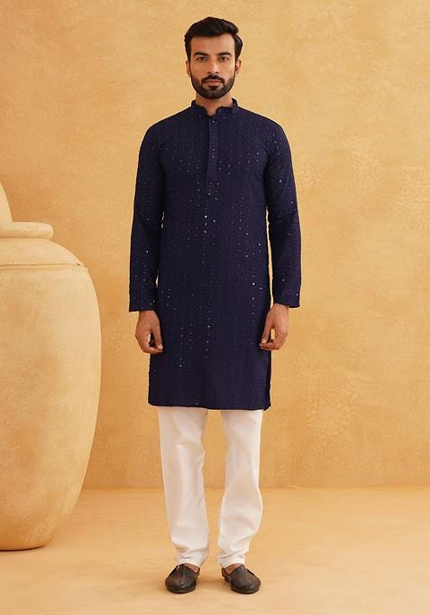 Navy Blue Embroidered Cotton Kurta Set For Men