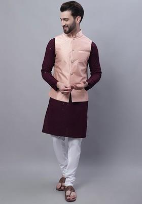 Purple Embroidered Cotton Kurta Set For Men