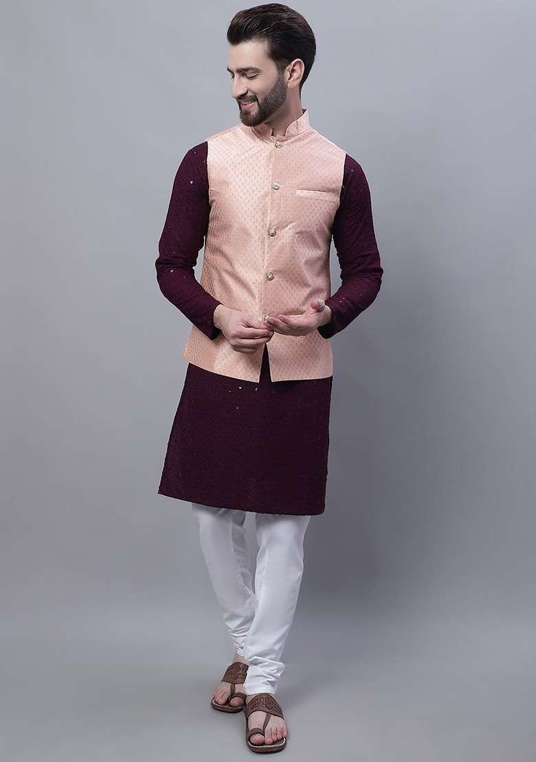 Purple Embroidered Cotton Kurta Set For Men - Indya