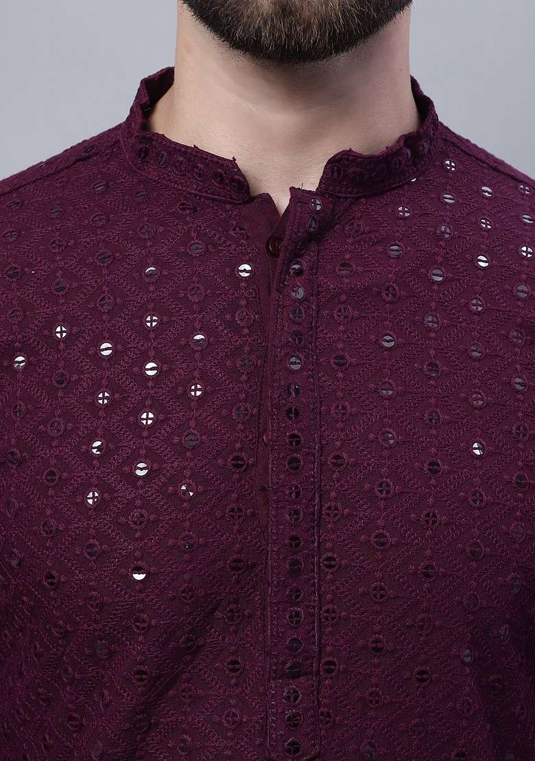 Purple Embroidered Cotton Kurta Set For Men - Indya