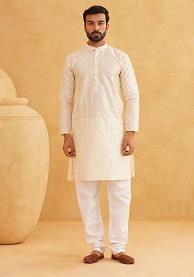 Cream Thread Work Poly Blend Kurta Set For Men