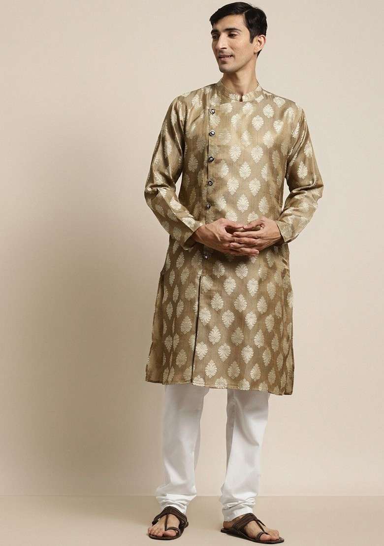 Brown Ethnic Motifs Silk Blend Kurta Set For Men - Indya
