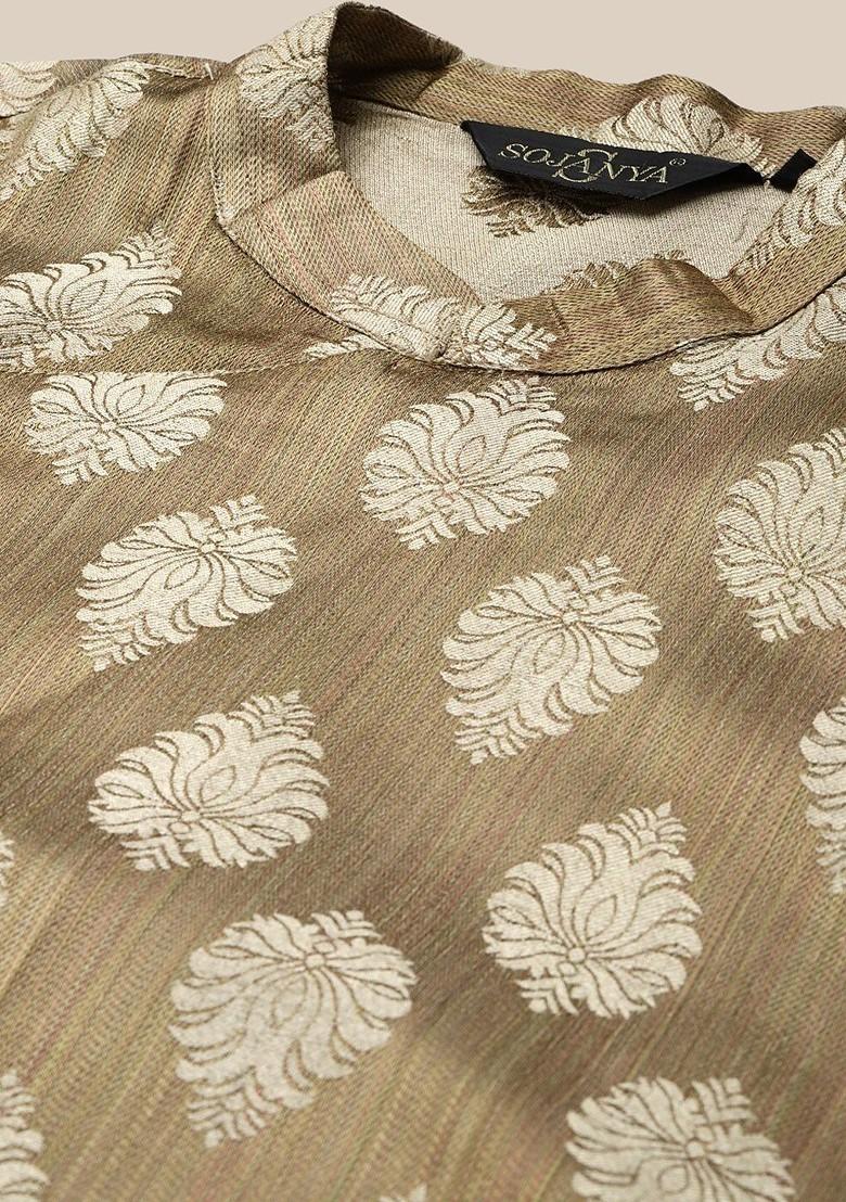 Brown Ethnic Motifs Silk Kurta Set For Men