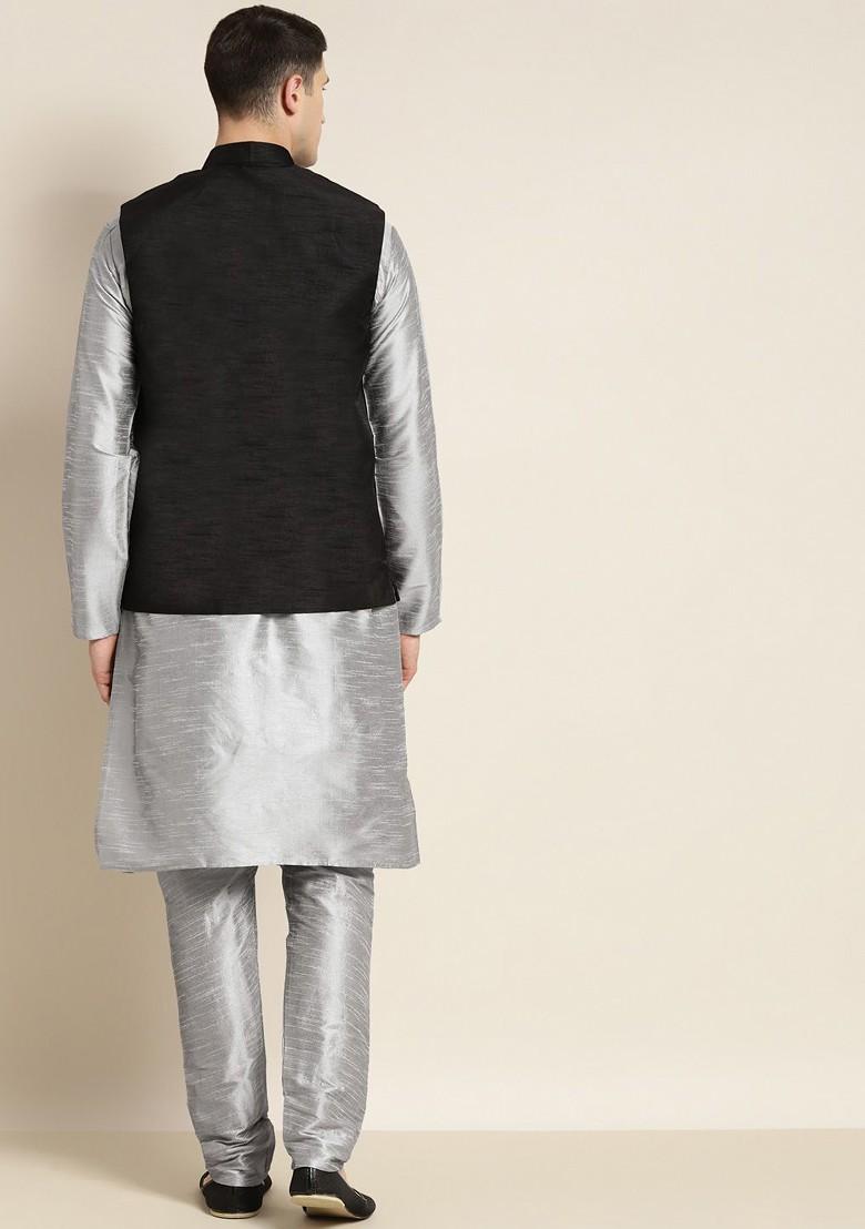 Grey Solid Poly Blend Kurta Set For Men