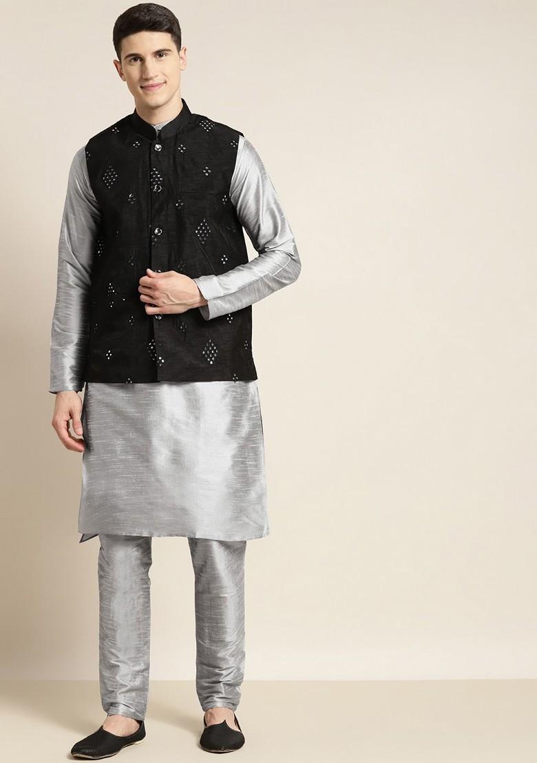 Grey Solid Poly Blend Kurta Set For Men