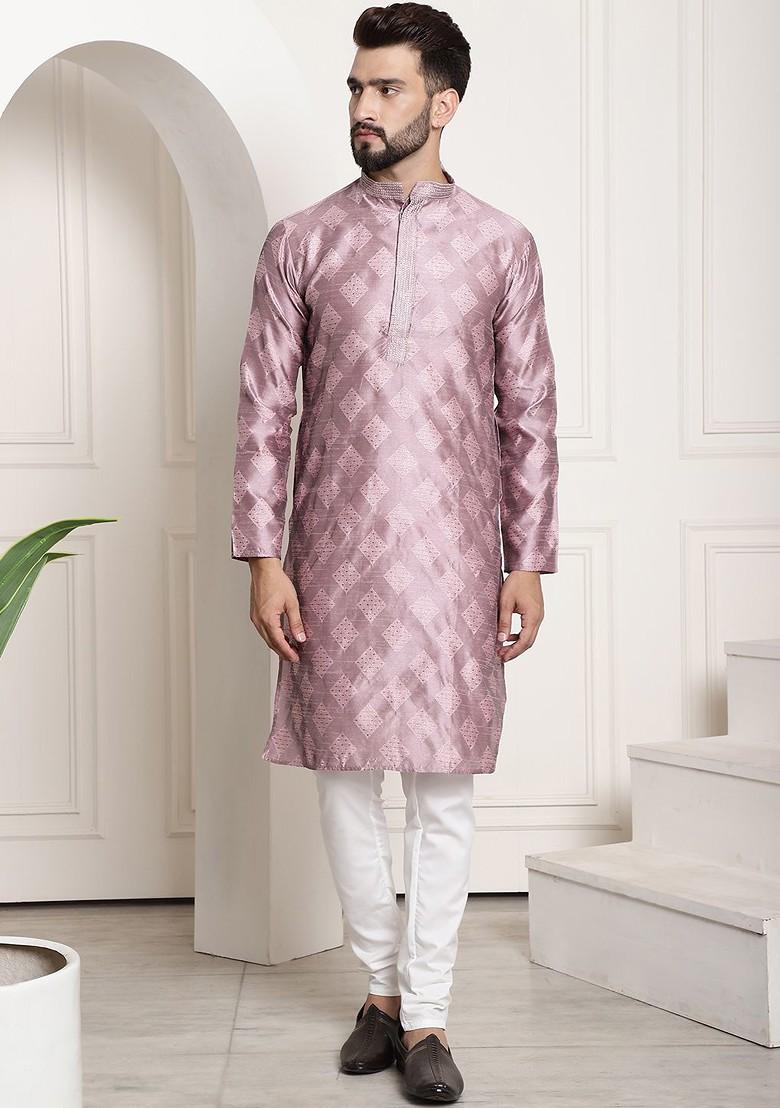 Mauve Ethnic Motifs Poly Blend Kurta Set For Men