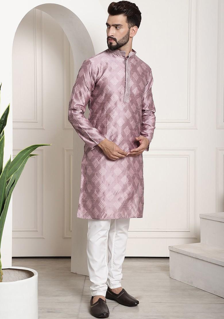 Mauve Ethnic Motifs Poly Blend Kurta Set For Men