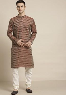 Brown Ethnic Motifs Poly Blend Kurta Set For Men
