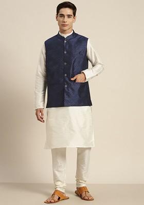 Off White Solid Poly Blend Kurta Set For Men
