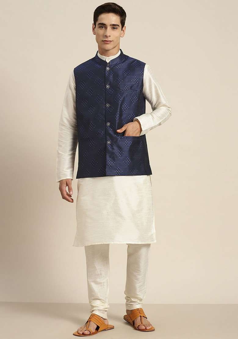 Off White Solid Poly Blend Kurta Set For Men - Indya