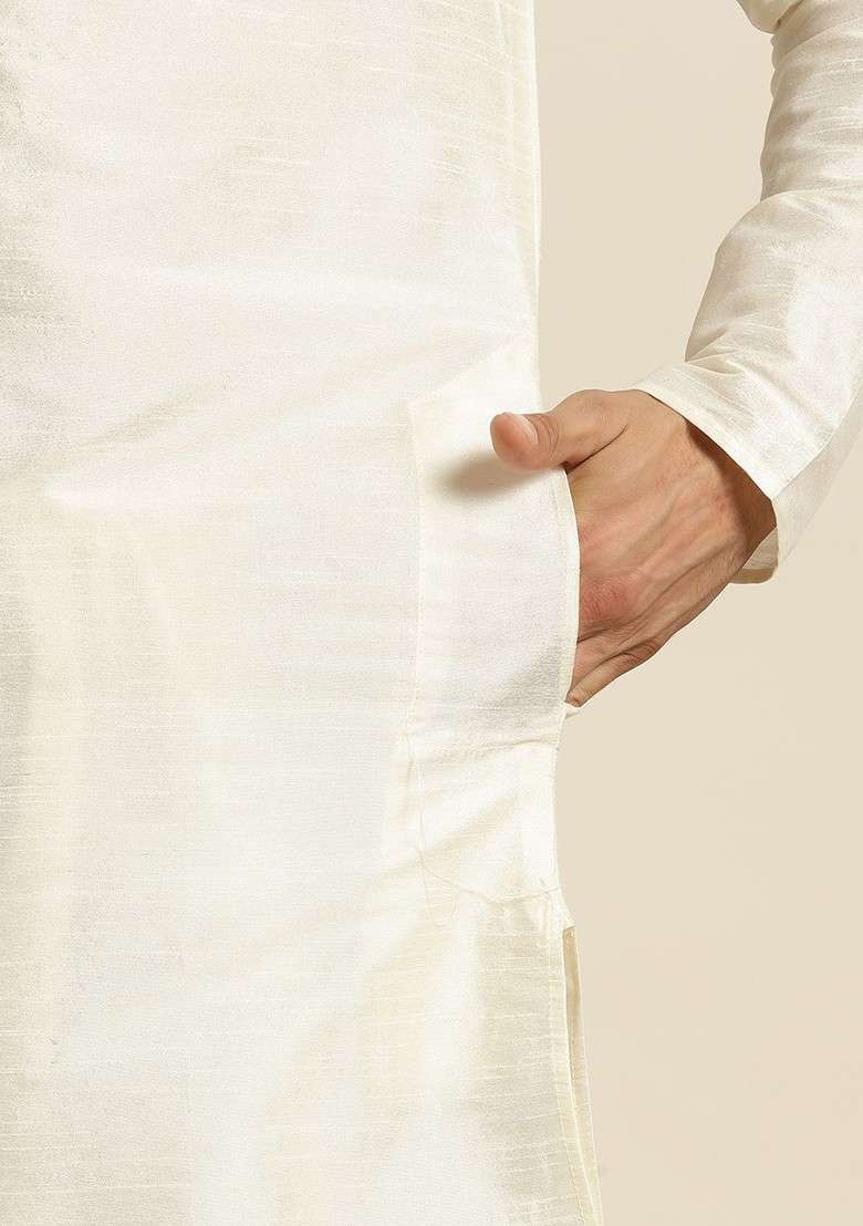 Off White Solid Poly Blend Kurta Set For Men - Indya