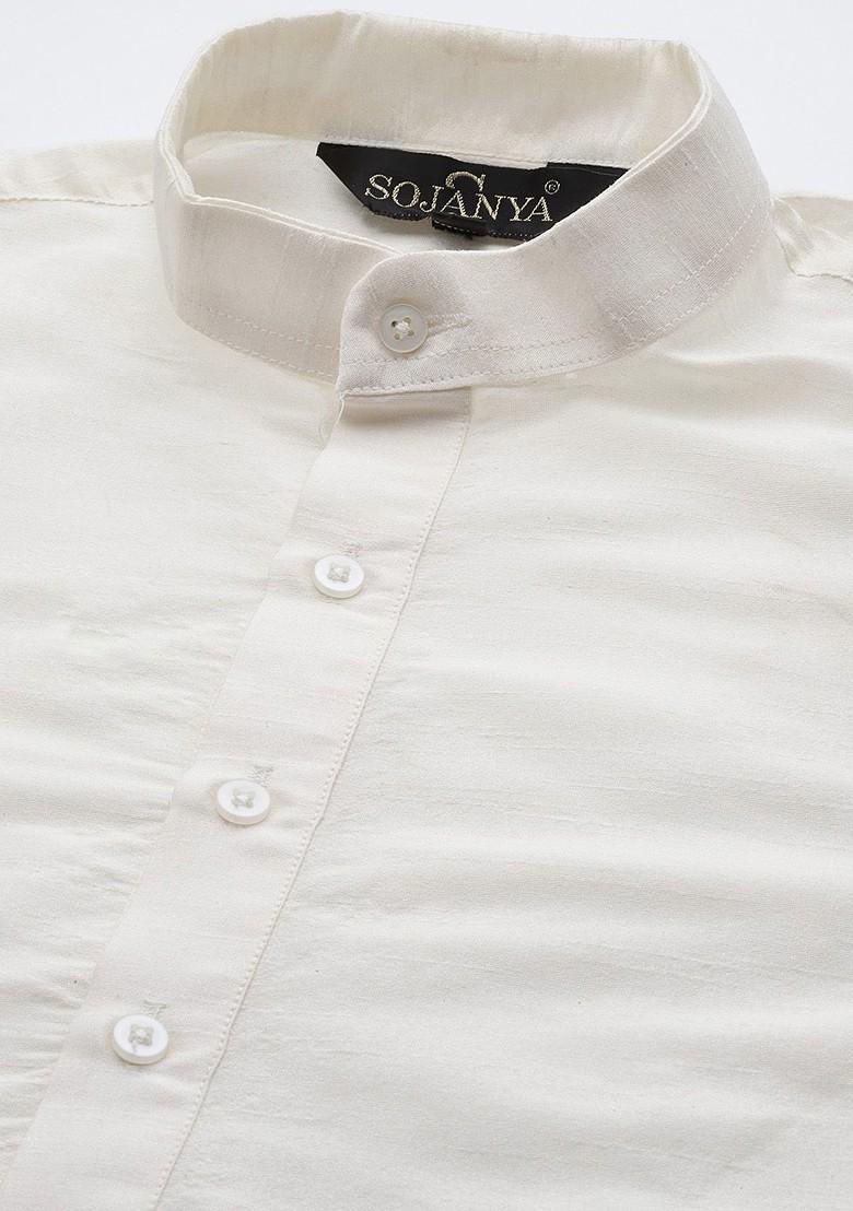 Off White Solid Poly Blend Kurta Set For Men