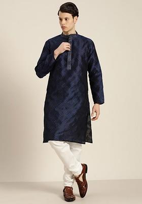 Navy Blue Woven Poly Blend Kurta Set For Men