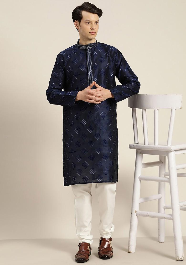 Navy Blue Woven Poly Blend Kurta Set For Men